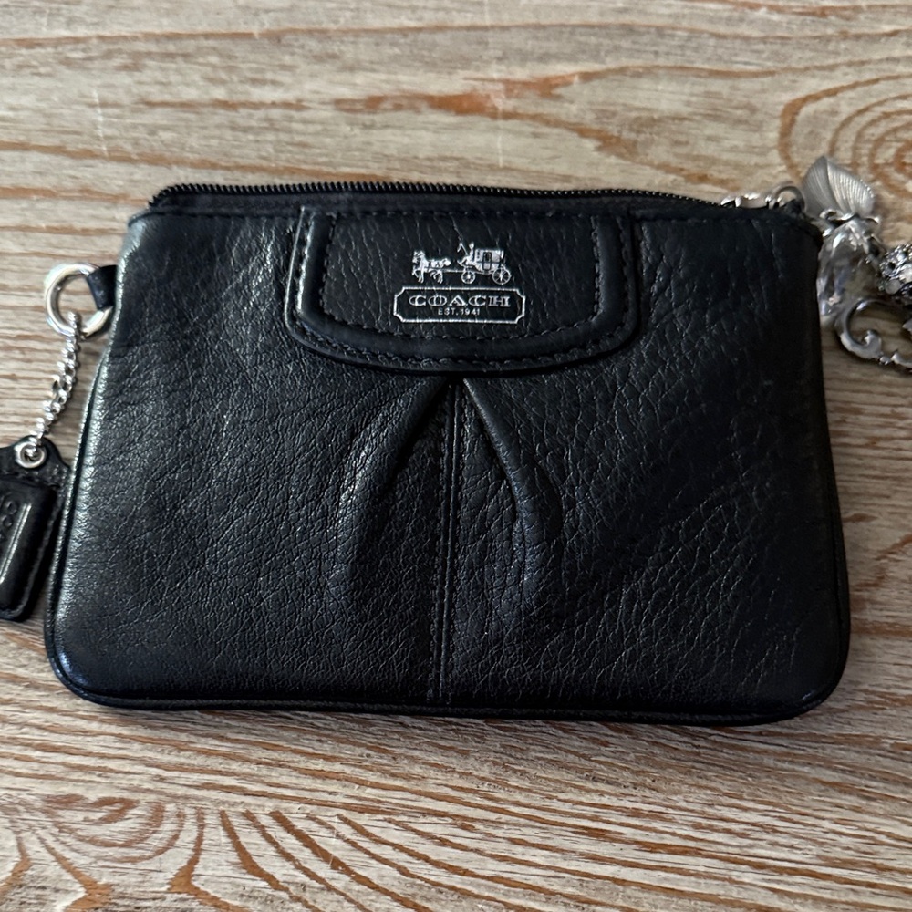 Coach Black Leather Wristlet with Silver Accents